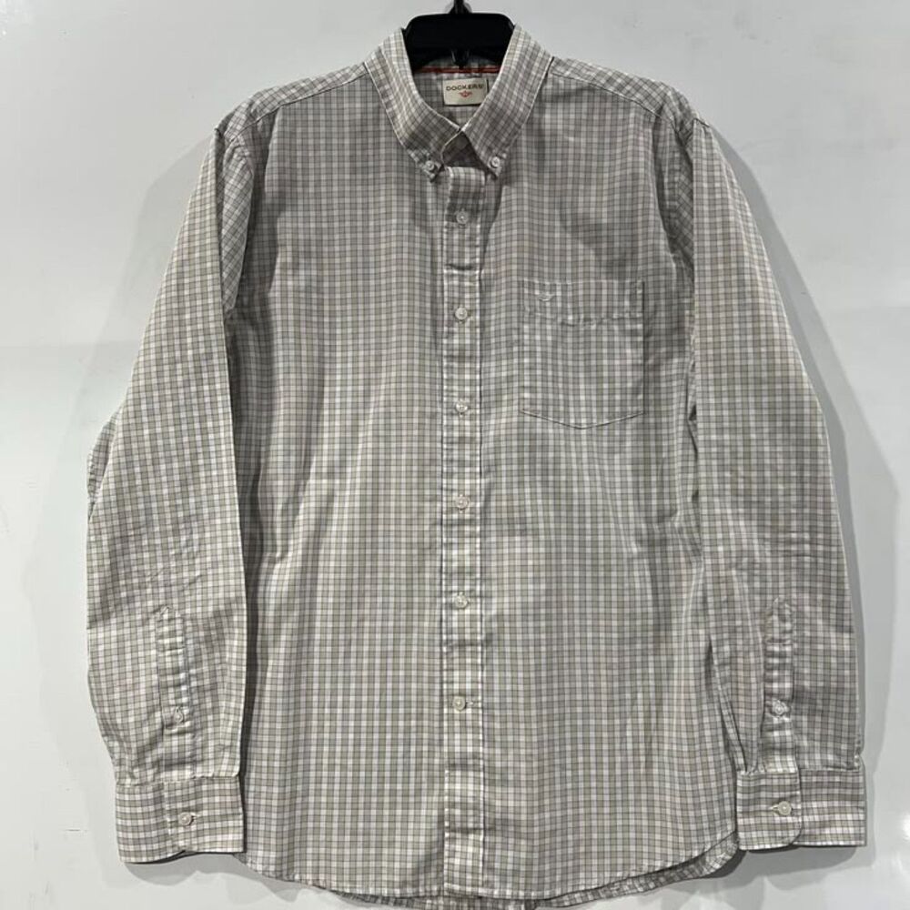 Dockers Long Sleeve Tan White Blue Plaid Button-Down Shirt Size Large